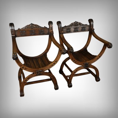 Pair of Dagobert Armchairs in Walnut, Medieval style - Late 19th century