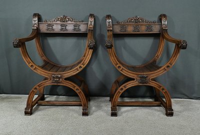 Pair of Dagobert Armchairs in Walnut, Medieval style - Late 19th century