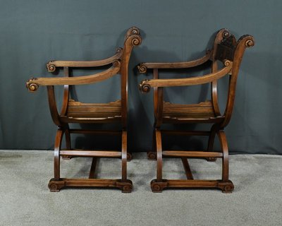 Pair of Dagobert Armchairs in Walnut, Medieval style - Late 19th century