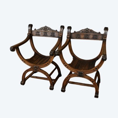 Pair of Dagobert Armchairs in Walnut, Medieval style - Late 19th century