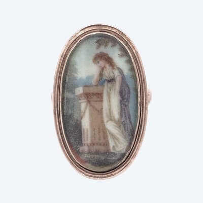 Bague souvenir miniature XVIIIe siècle en or bas titre, bague ovale, bijou de sentiment, 1780