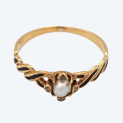 Anello in smalto nero con perle e diamanti in oro 18 ct, anello Napoleone III, perla fine, diamanti