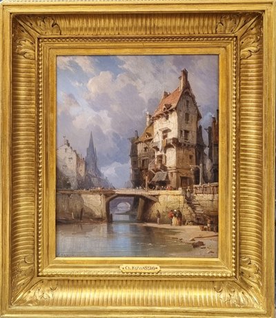 Charles Euphrasie KUWASSEG  - Vue animée d'une ville normande près de la mer
