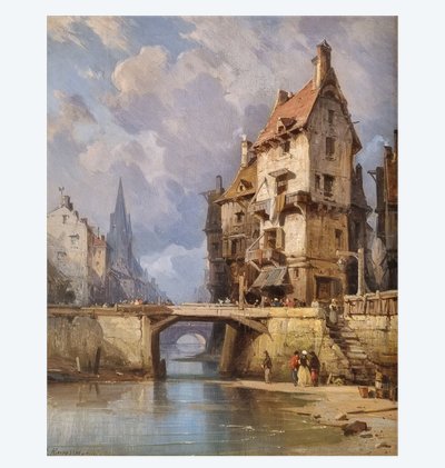 Charles Euphrasie KUWASSEG  - Vue animée d'une ville normande près de la mer