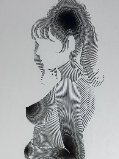 Graphic drawing framed under glass "silhouette" signed 1970'S