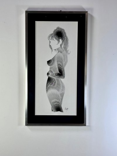Graphic drawing framed under glass "silhouette" signed 1970'S