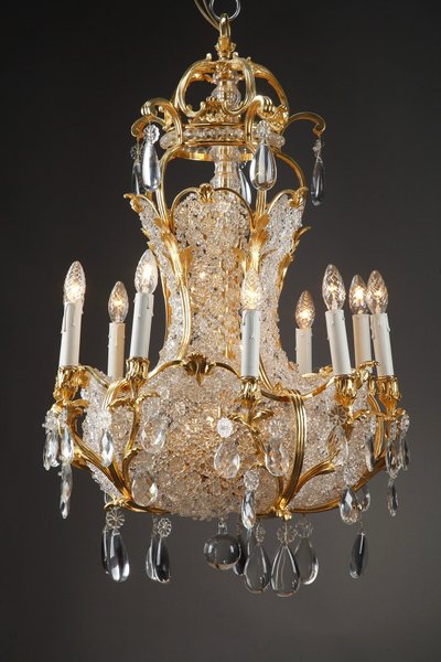 Lampadario a cestello in cristallo e ormeggio, fine XIX secolo