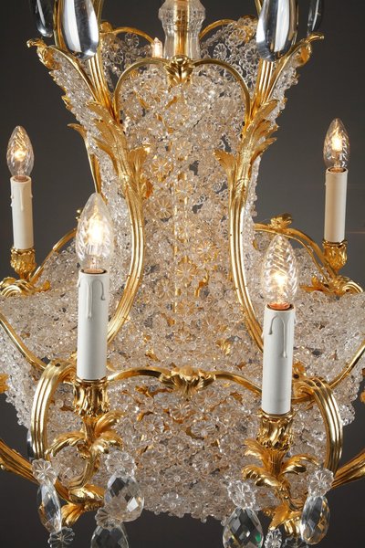 Lampadario a cestello in cristallo e ormeggio, fine XIX secolo