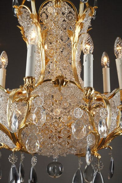 Lampadario a cestello in cristallo e ormeggio, fine XIX secolo