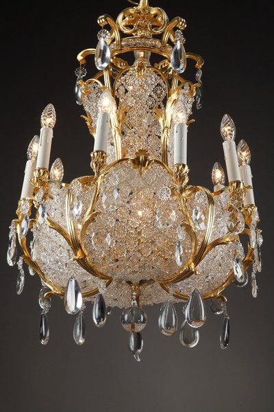 Lampadario a cestello in cristallo e ormeggio, fine XIX secolo