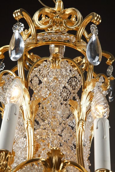 Lampadario a cestello in cristallo e ormeggio, fine XIX secolo