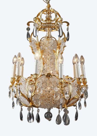 Lampadario a cestello in cristallo e ormeggio, fine XIX secolo