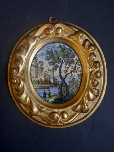 Castelli 18th century two oval earthenware animated landscapes