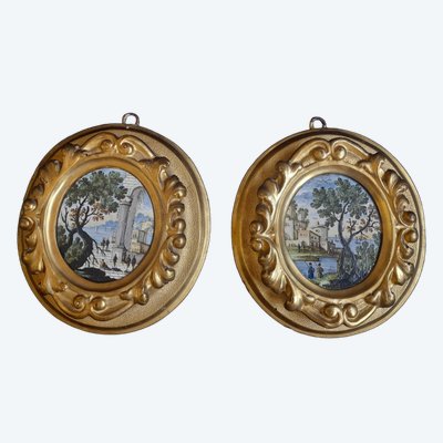 Castelli 18th century two oval earthenware animated landscapes