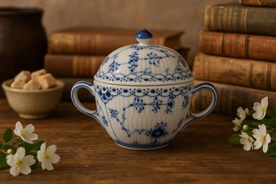 Sucrier en porcelaine de Royal Copenhagen – Modèle Blue Fluted Half Lace, peint à la main
