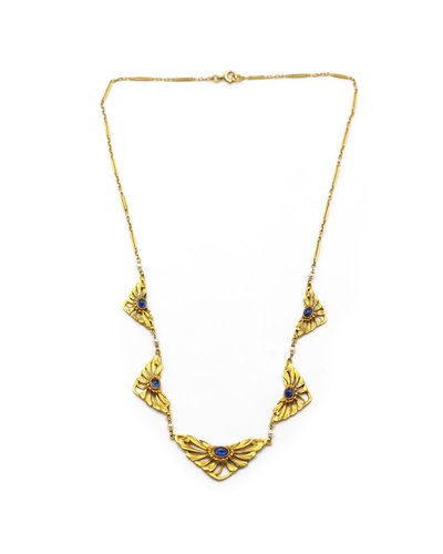 Collana Art Nouveau in oro 18 carati con zaffiri, collana con drappeggio, zaffiri Verneuil, gioielli Art Nouveau, fiore