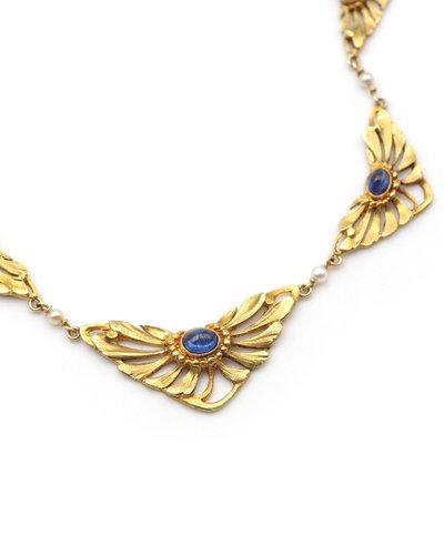 Collana Art Nouveau in oro 18 carati con zaffiri, collana con drappeggio, zaffiri Verneuil, gioielli Art Nouveau, fiore