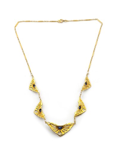 Collana Art Nouveau in oro 18 carati con zaffiri, collana con drappeggio, zaffiri Verneuil, gioielli Art Nouveau, fiore