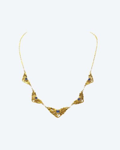 Collana Art Nouveau in oro 18 carati con zaffiri, collana con drappeggio, zaffiri Verneuil, gioielli Art Nouveau, fiore