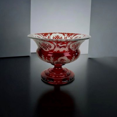 20th CENTURY ROUND CUP IN RED BOHEME CRYSTAL WITH DECORATION OF DEER AND FIREWORKS