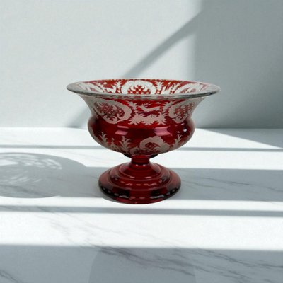 20th CENTURY ROUND CUP IN RED BOHEME CRYSTAL WITH DECORATION OF DEER AND FIREWORKS