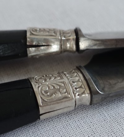 Empire style cabinet of ebony knives, solid silver ferrules and bases - 24 pieces