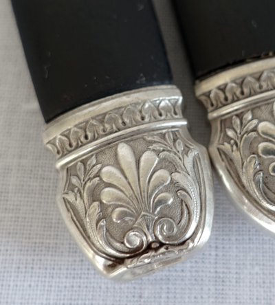 Empire style cabinet of ebony knives, solid silver ferrules and bases - 24 pieces