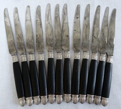 Empire style cabinet of ebony knives, solid silver ferrules and bases - 24 pieces