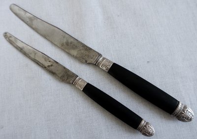 Empire style cabinet of ebony knives, solid silver ferrules and bases - 24 pieces