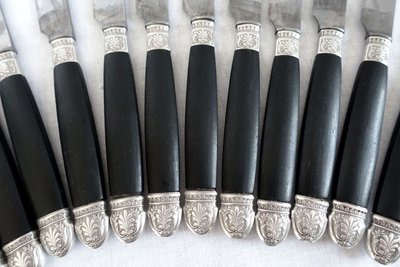 Empire style cabinet of ebony knives, solid silver ferrules and bases - 24 pieces