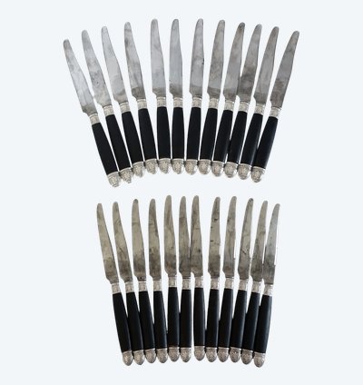 Empire style cabinet of ebony knives, solid silver ferrules and bases - 24 pieces