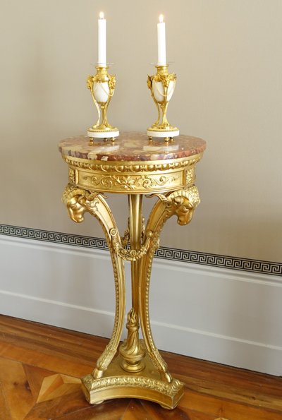 Pair of Louis XVI style marble ormolu cassolettes with upside-down candlesticks