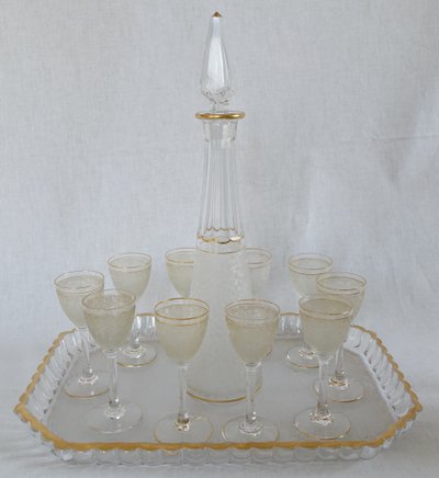 Saint Louis crystal liqueur service with frosted and gilded effect: decanters, glasses and tray