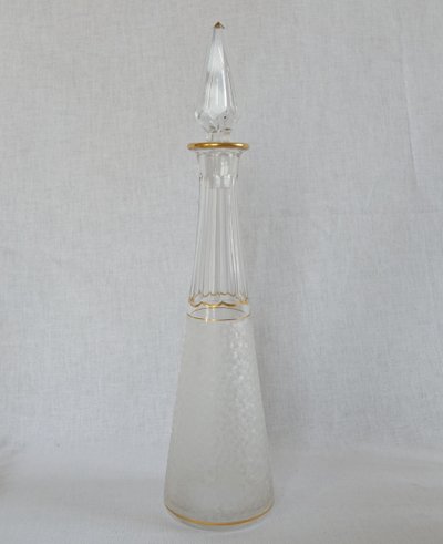 Saint Louis crystal liqueur service with frosted and gilded effect: decanters, glasses and tray