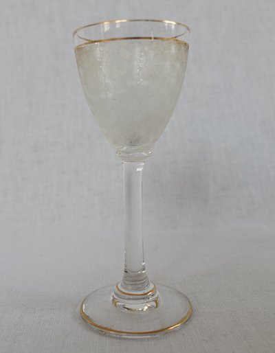 Saint Louis crystal liqueur service with frosted and gilded effect: decanters, glasses and tray