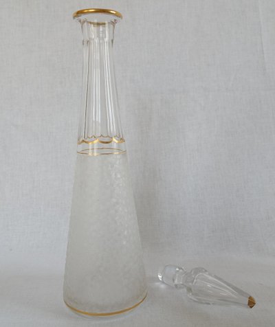 Saint Louis crystal liqueur service with frosted and gilded effect: decanters, glasses and tray