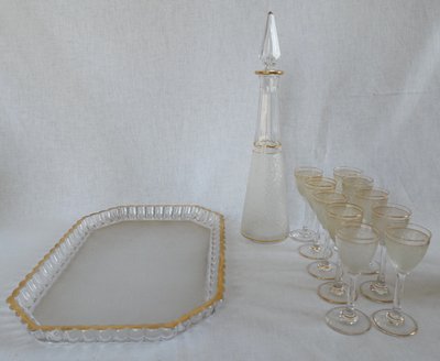 Saint Louis crystal liqueur service with frosted and gilded effect: decanters, glasses and tray