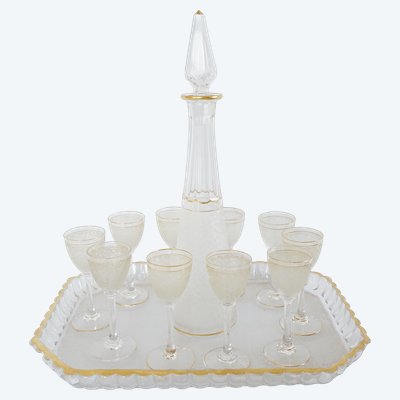 Saint Louis crystal liqueur service with frosted and gilded effect: decanters, glasses and tray