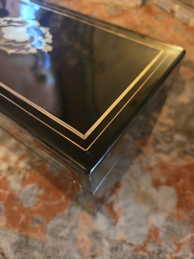 Ointment box in blackened wood and brass, cut crystal and sterling silver.