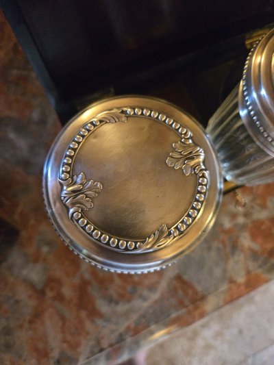 Ointment box in blackened wood and brass, cut crystal and sterling silver.