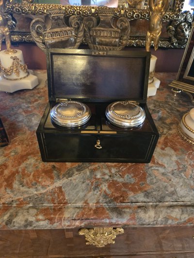 Ointment box in blackened wood and brass, cut crystal and sterling silver.