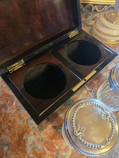 Ointment box in blackened wood and brass, cut crystal and sterling silver.