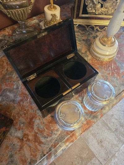 Ointment box in blackened wood and brass, cut crystal and sterling silver.