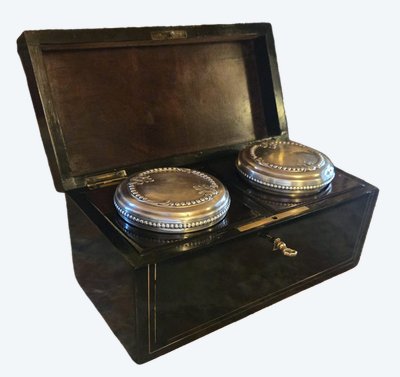 Ointment box in blackened wood and brass, cut crystal and sterling silver.