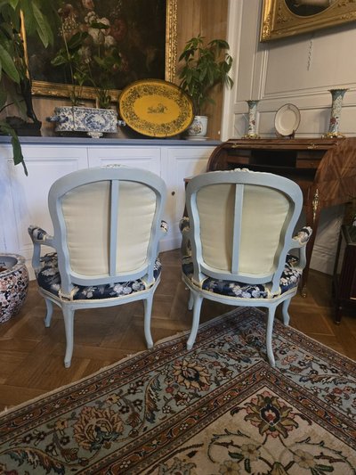 Pair of Louis XV period cabriolet armchairs in lacquered beech.