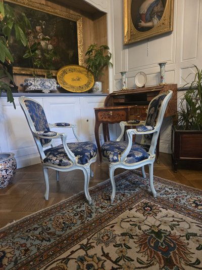 Pair of Louis XV period cabriolet armchairs in lacquered beech.