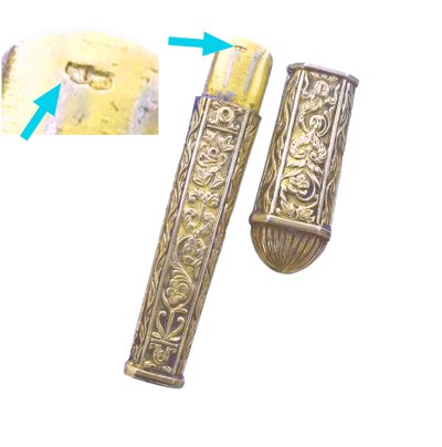Sewing set in late 19th century vermeil with snake motif scissors thimble