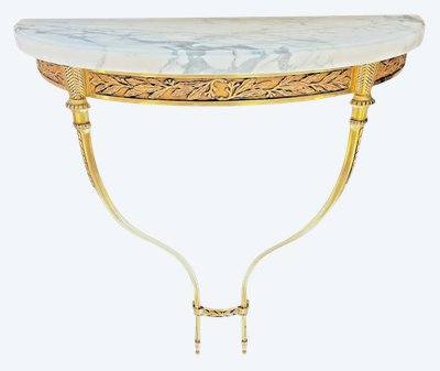 Louis XVI style floating half-moon console with marble top and chased brass structure