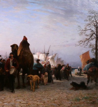 P.-A. Brunet-Houard 1827-1922 Tsiganes débarquant avec leurs animaux en Bretagne, tableau, 1873