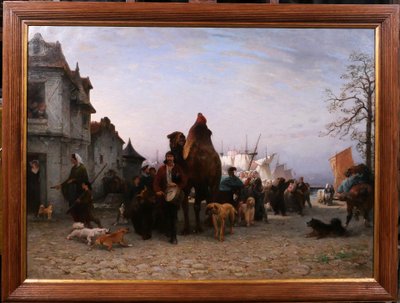 P.-A. Brunet-Houard 1827-1922 Tsiganes débarquant avec leurs animaux en Bretagne, tableau, 1873